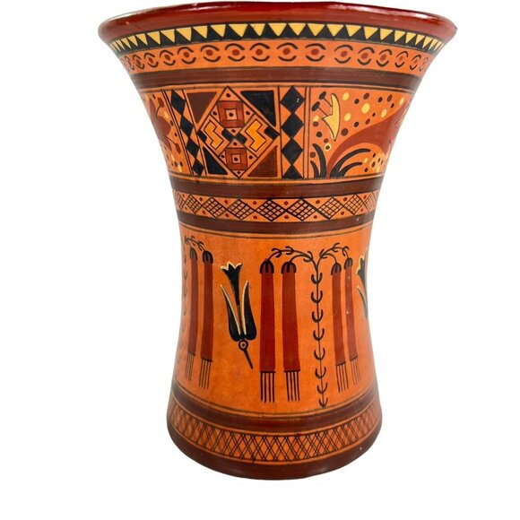 Vtg Art Pottery Cusco Peru Handmade Handpainted Vase Black Bird Crow 5.5" tall - Picture 6 of 10